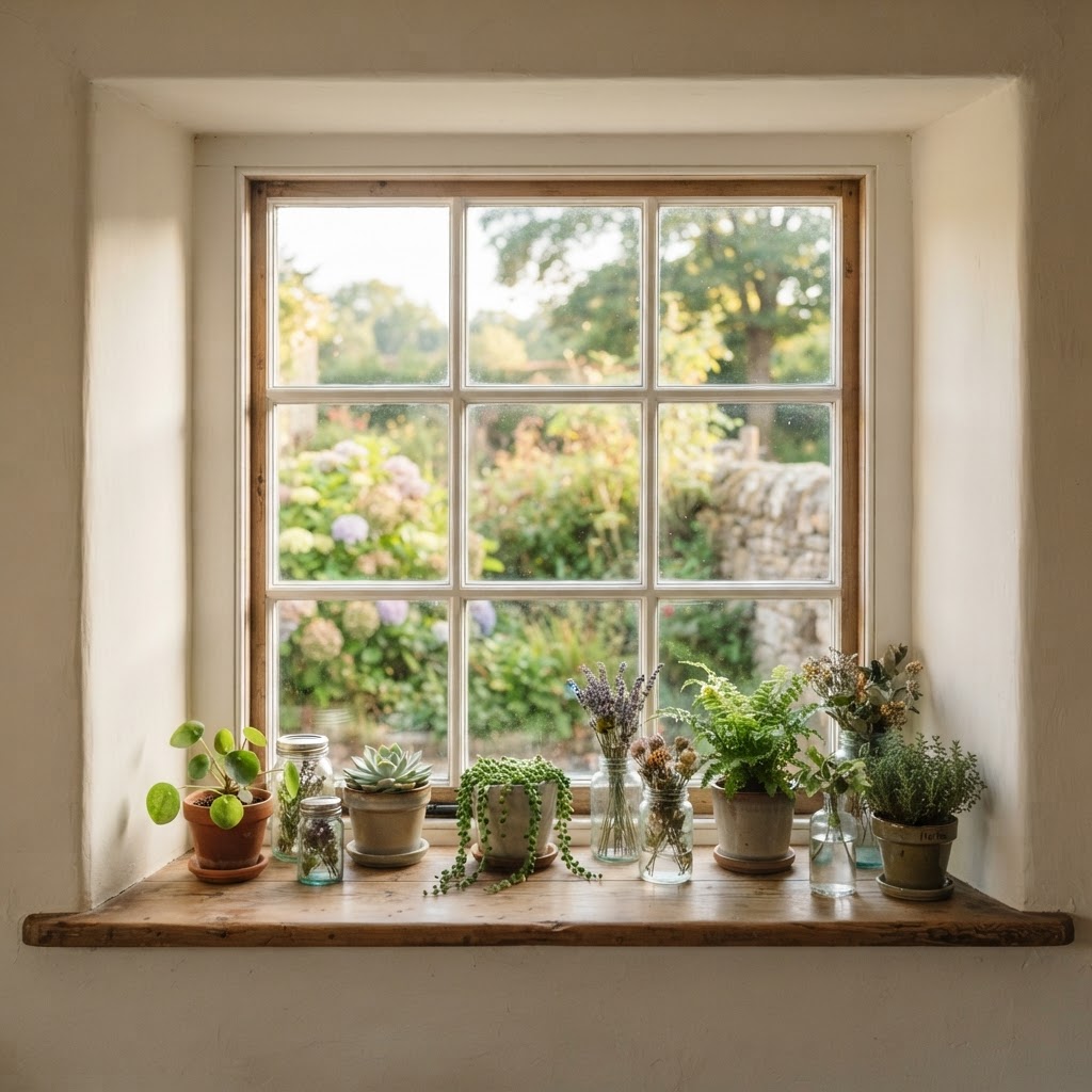 Farmhouse window with simple wooden trim and a deep sill lined with plants
