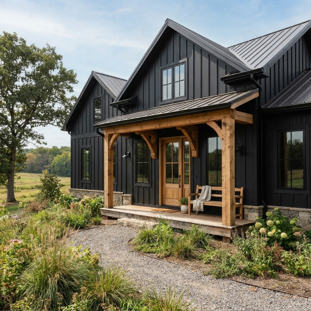 Black modern farmhouse with board and batten siding, a black metal roof, a natural wood front door, exposed timber porch beams and posts, a wooden bench and a gravel path