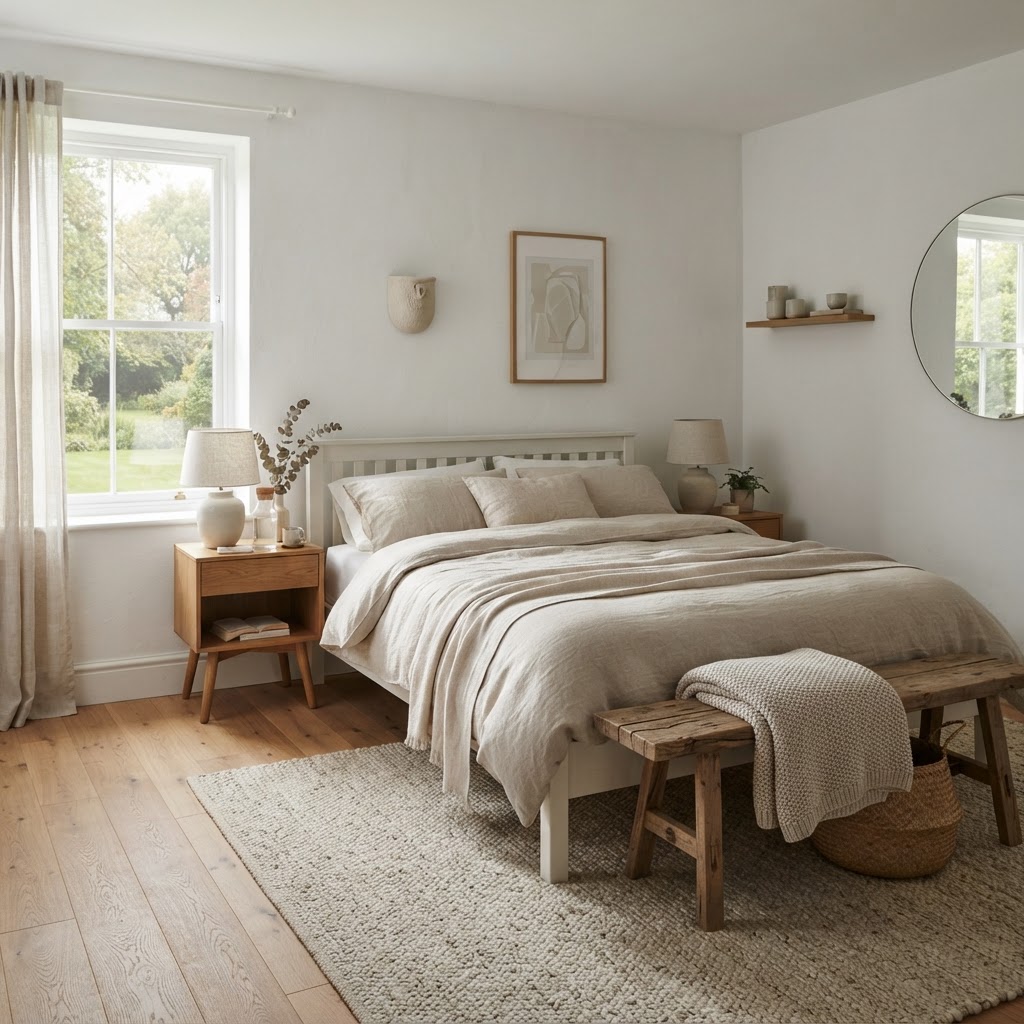 White bed with oak bedside tables, a wooden bench and oatmeal linen bedding in a calm bedroom