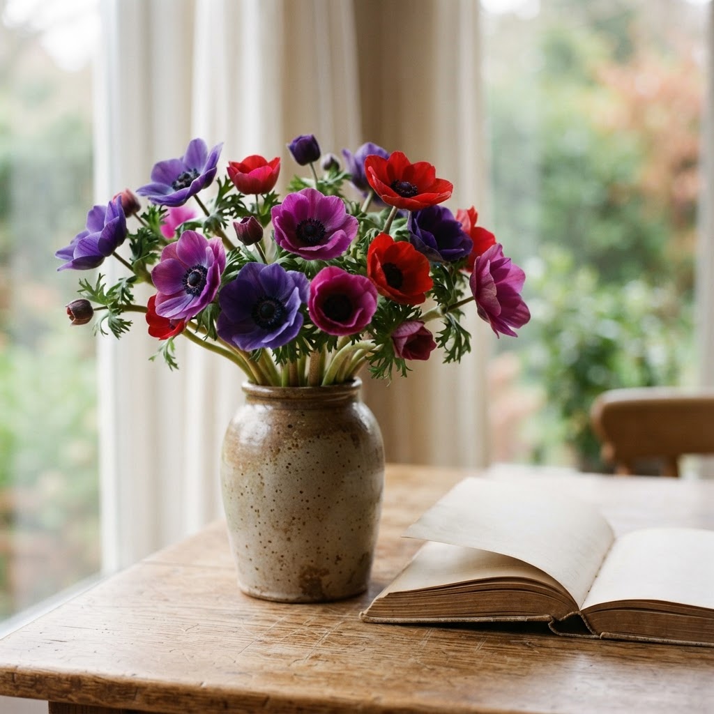 Still life of purple and red anemones in a vintage vase beside an open book