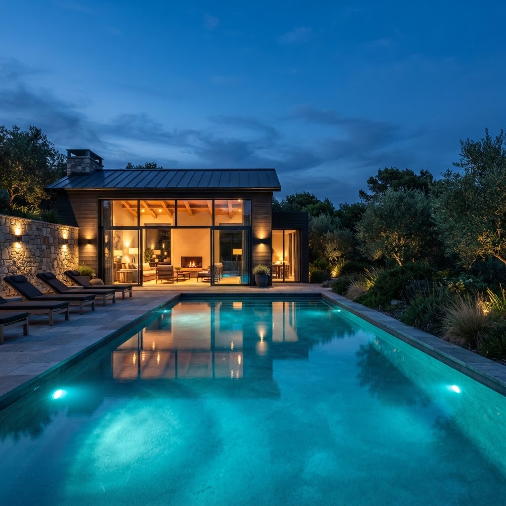 Pool house and swimming pool at dusk with warm interior lighting, wall lights and glowing underwater pool lights