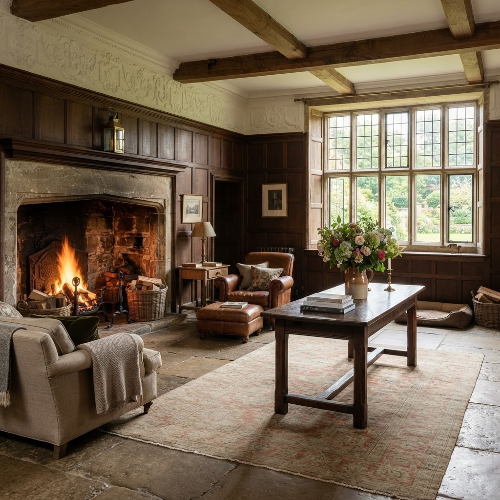 English manor house great hall used as a living room with oak panelling, ceiling beams, a flagstone floor, a large stone inglenook fireplace with a log fire, a linen sofa, a leather armchair, an oak refectory table with garden flowers and a leaded mullioned window