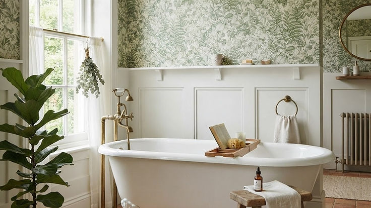 Bathroom with green and cream botanical wallpaper above white wall panelling, a freestanding roll top bath with brass taps, a wooden stool and a fiddle leaf fig