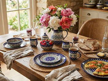 Rustic wooden table set for brunch with cobalt blue and white Polish stoneware plates, bowls, mugs and a pitcher, a jug of pink and white peonies, linen napkins, bread and berries