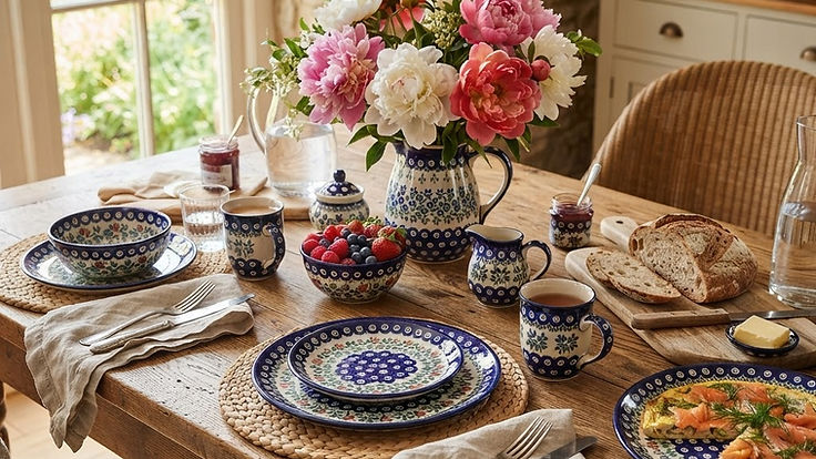 Rustic wooden table set for brunch with cobalt blue and white Polish stoneware plates, bowls, mugs and a pitcher, a jug of pink and white peonies, linen napkins, bread and berries