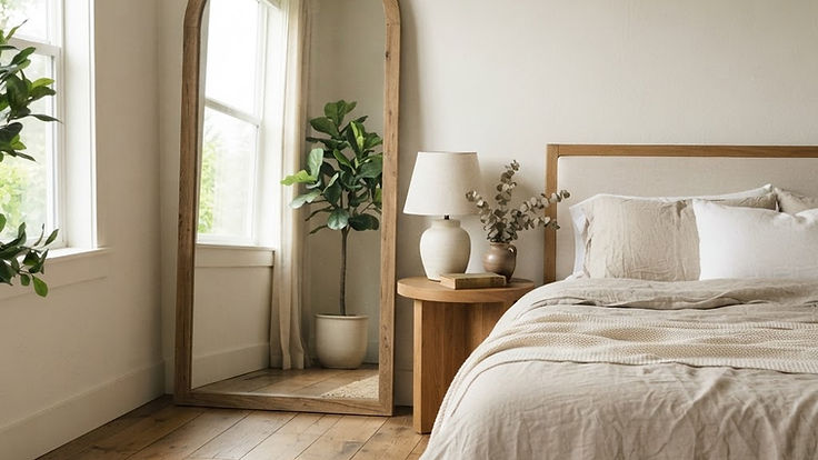Serene bedroom with a huge arched floor mirror leaning against the wall beside the bed, reflecting window light, with linen bedding, an oak bedside table and warm white walls