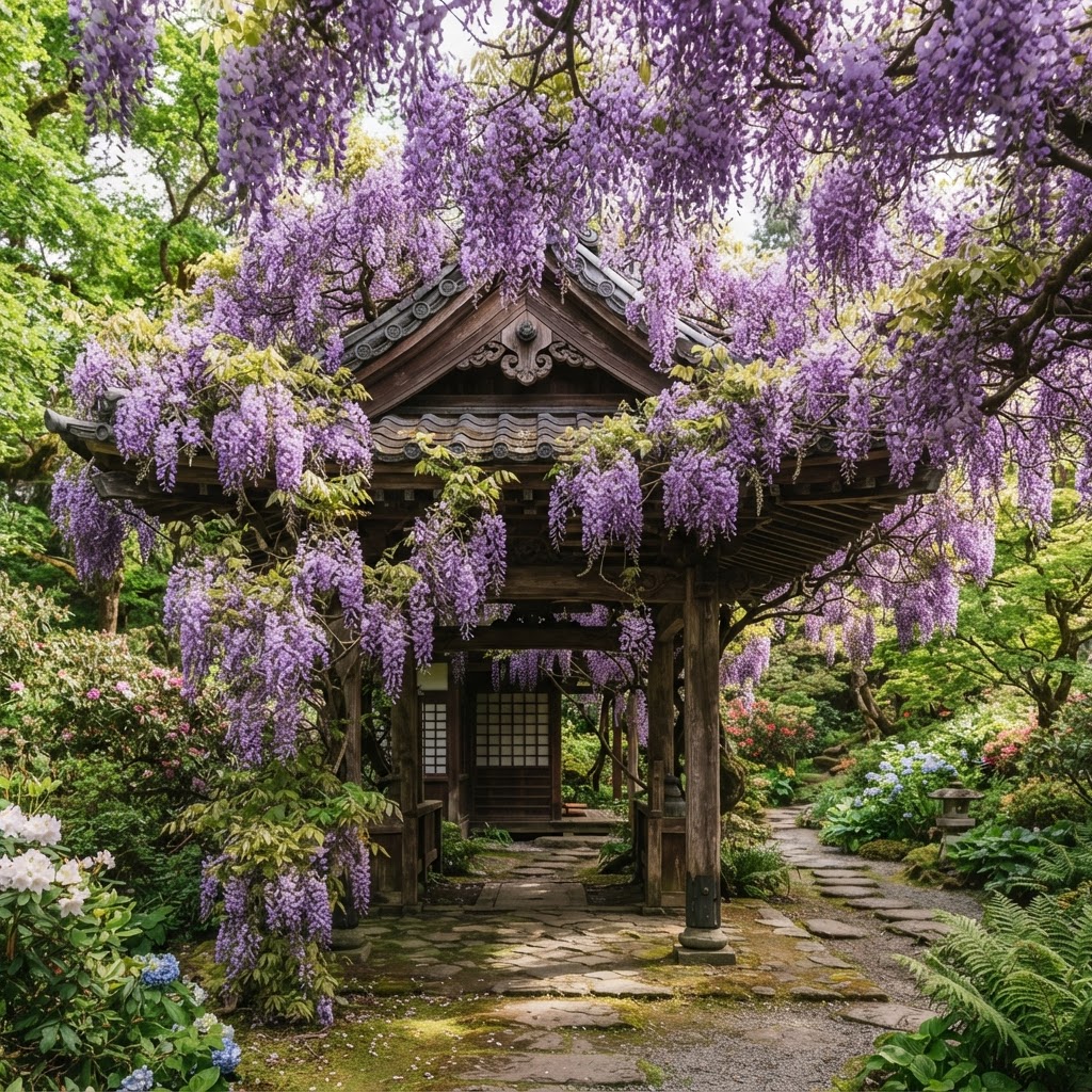 Wooden garden pagoda draped in hanging purple wisteria