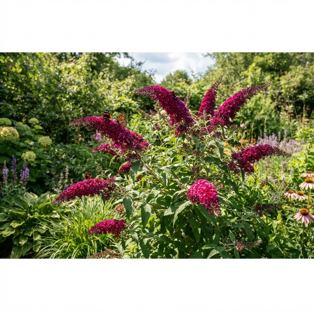 Large red purple flower spikes of a butterfly bush against green foliage