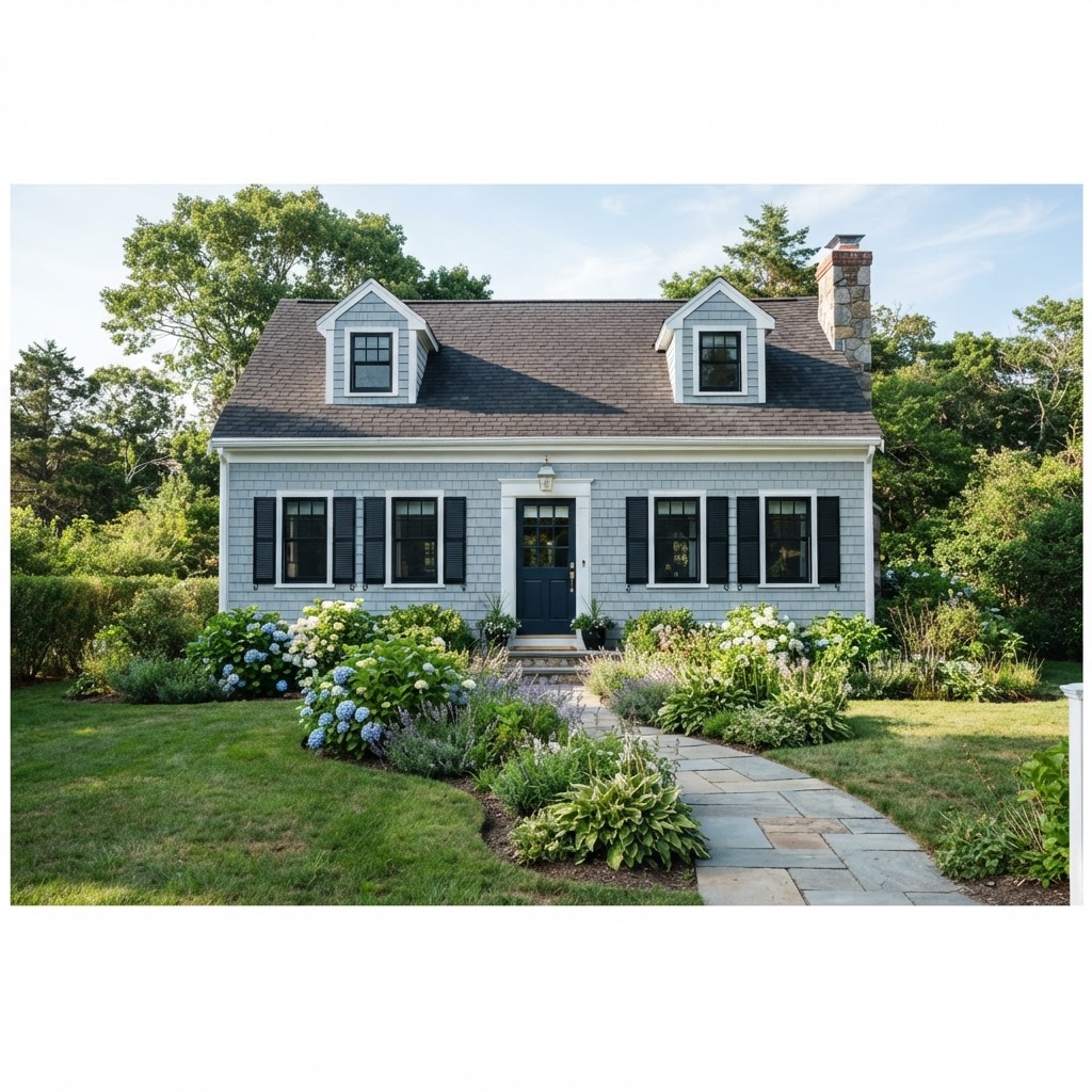 Soft blue-gray Cape Cod house with black shutters and window frames, two dormer windows, a black front door and a stone path through flowering hydrangeas
