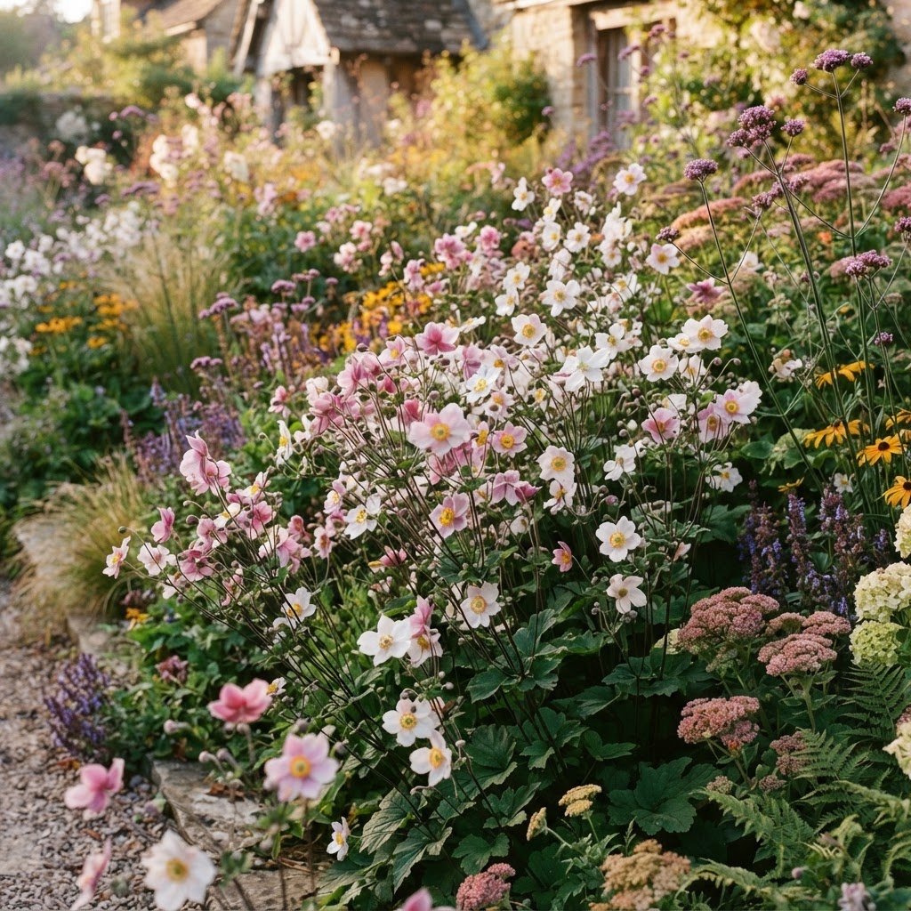 Pink and white Japanese anemones growing in a cottage garden border in late summer