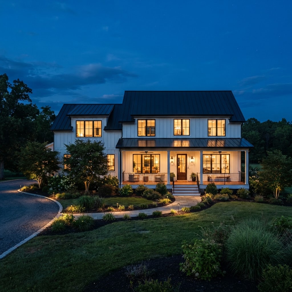 White modern farmhouse at dusk with black window frames and a black metal roof, warm lights glowing inside and along the porch, and a curved driveway