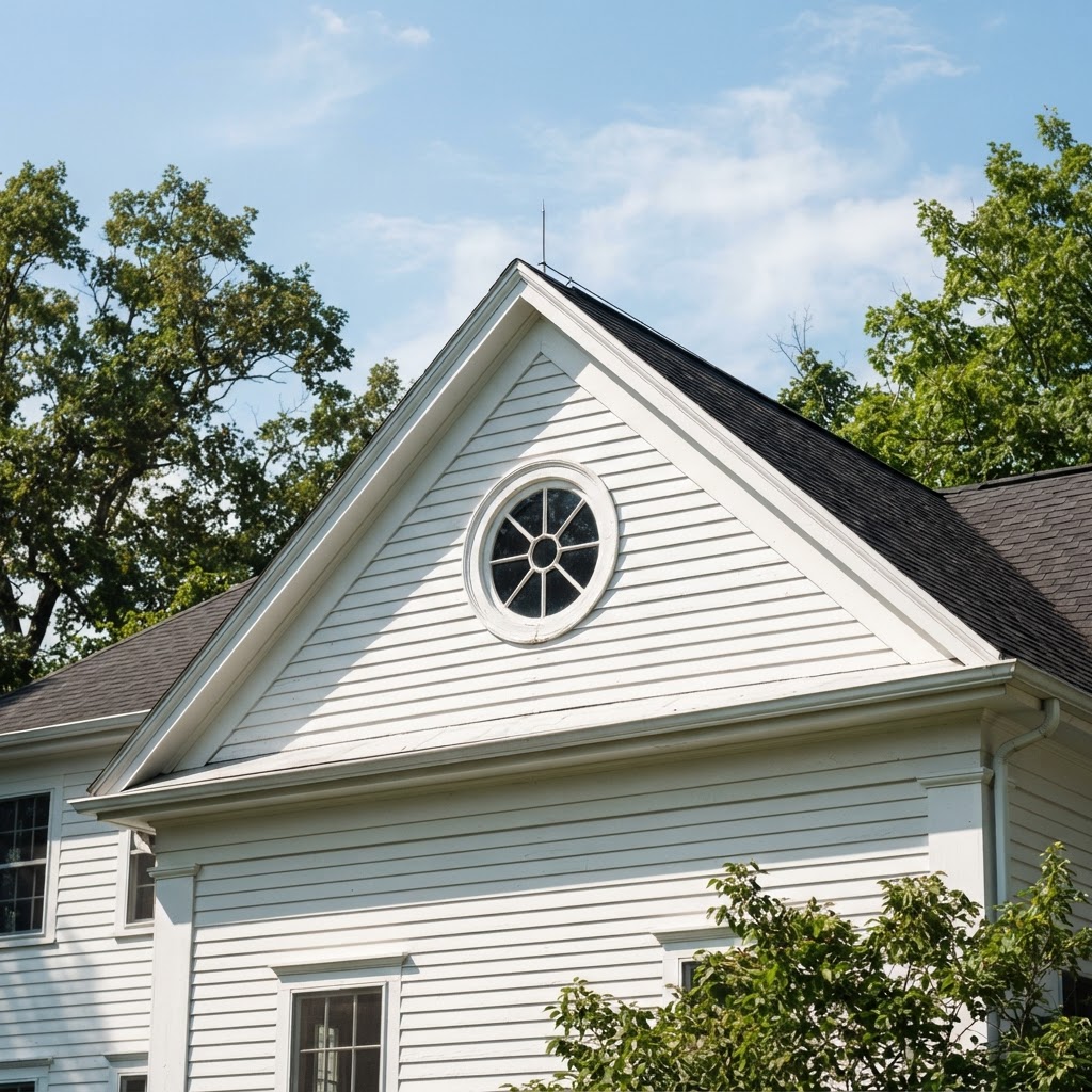 Round oculus window high in the gable of a white clapboard house