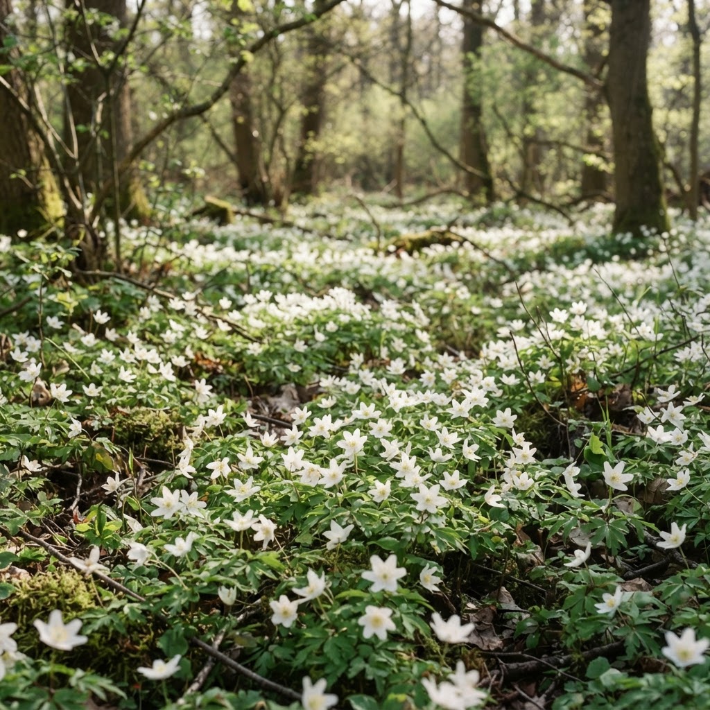 Carpet of white wood anemones flowering on a woodland floor in early spring