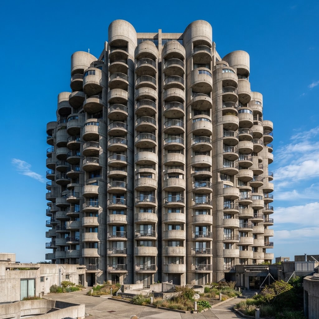 Brutalist concrete hotel tower with rounded modules and balconies against a blue sky