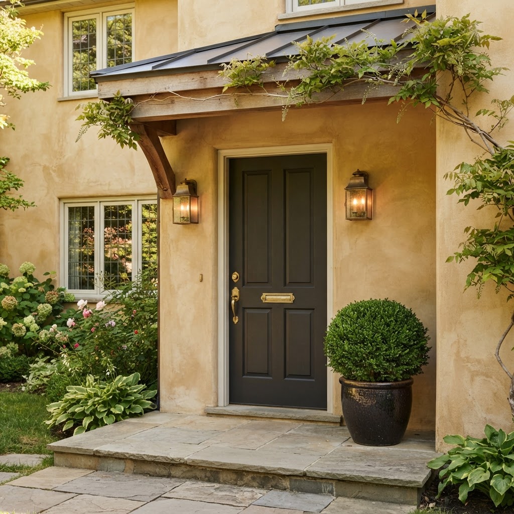Soft brown-black front door on a warm golden tan house with brass hardware and a boxwood planter