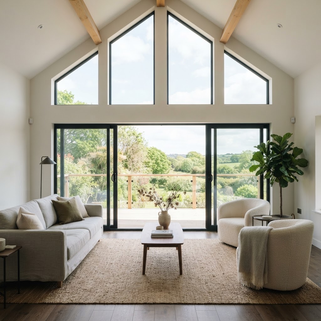 Trapezoid gable windows above sliding glass doors in a modern living room