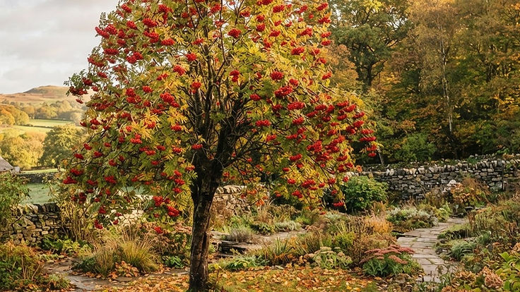 Rowan tree heavy with clusters of scarlet berries in an autumn countryside garden