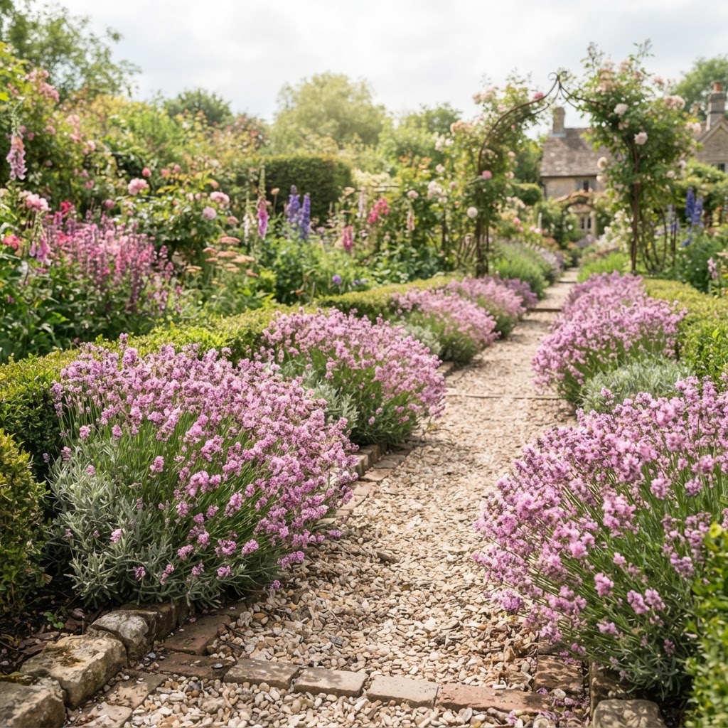 Soft rose pink English lavender flowering along a garden path