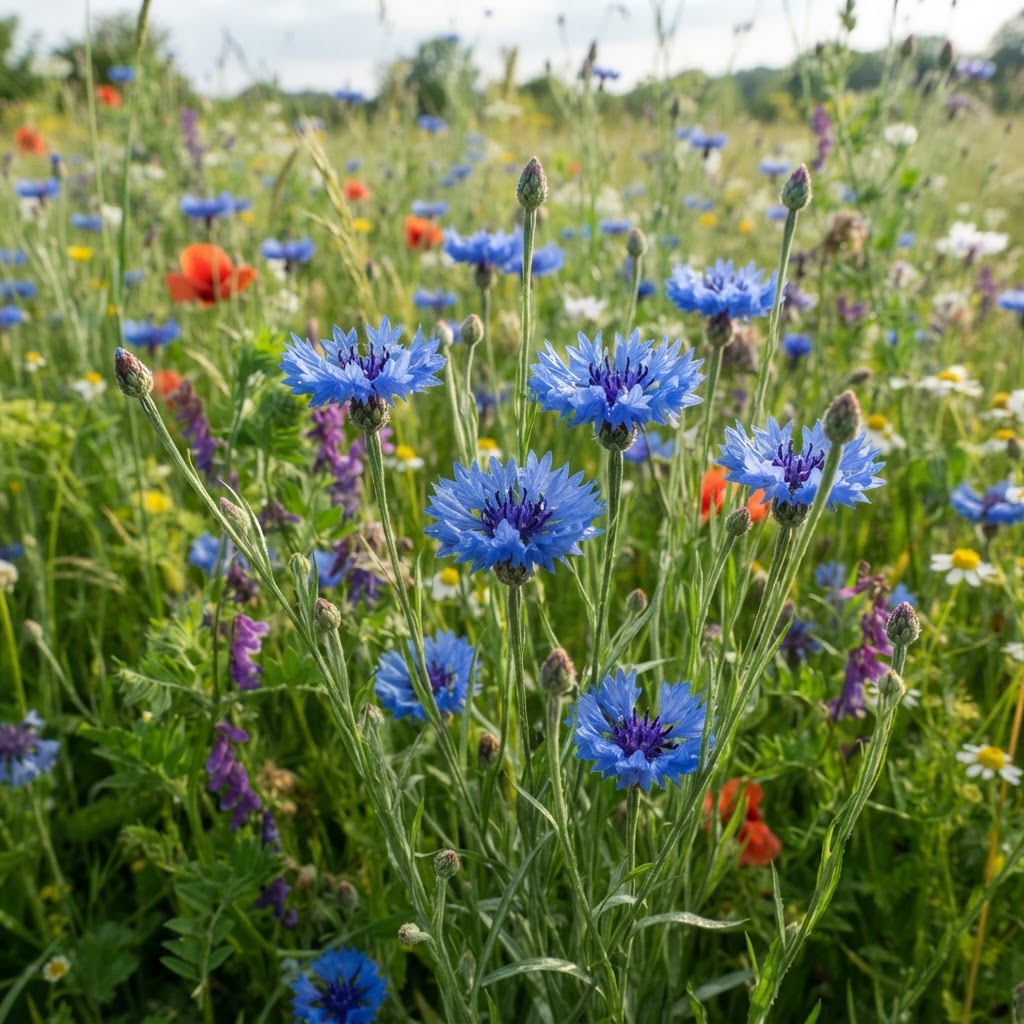 Close-up of bright blue cornflowers in a summer meadow