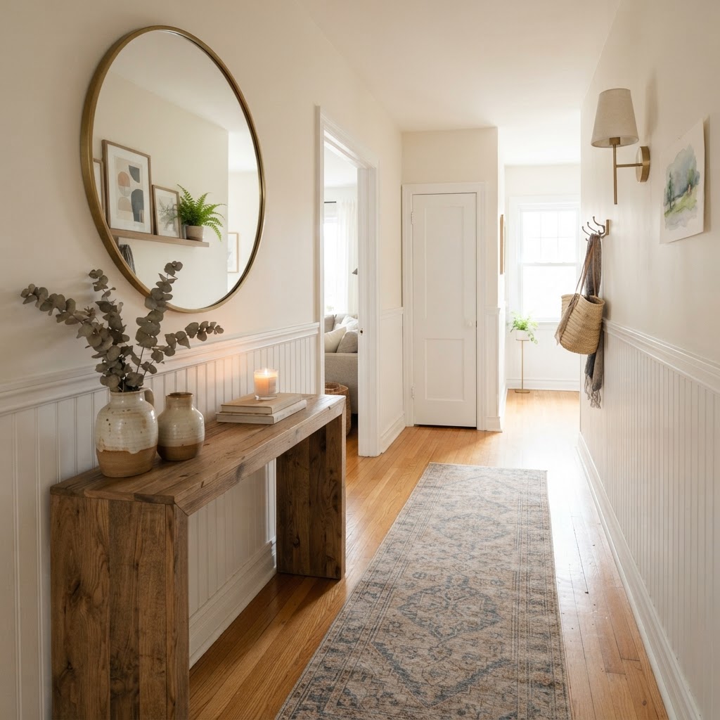 Hallway with soft warm white walls and white wainscoting, a wooden console, a round mirror, a vase of branches and a runner rug