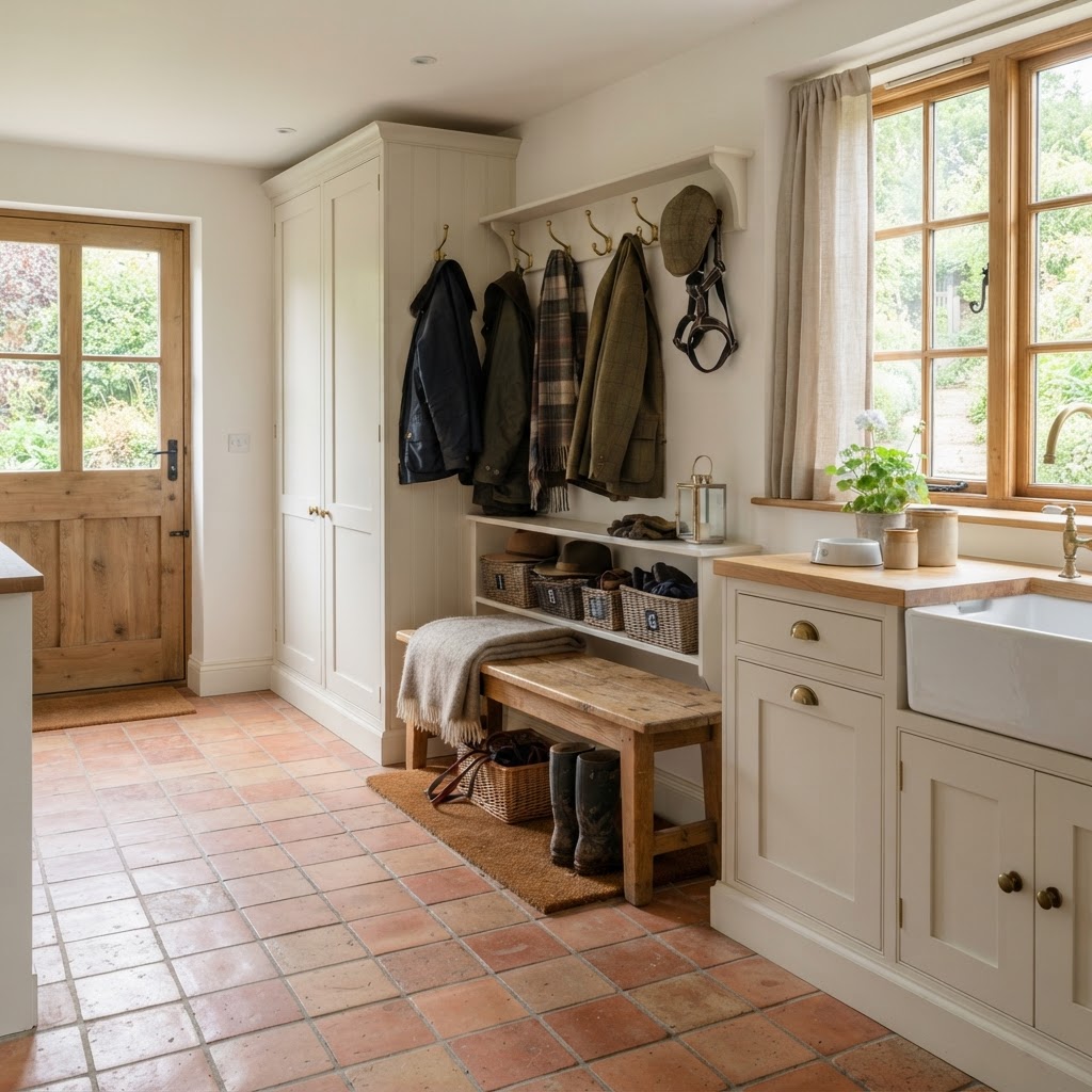 Utility boot room with warm white shaker cabinets, a wooden bench, brass hooks with coats, a butler sink and a terracotta tiled floor