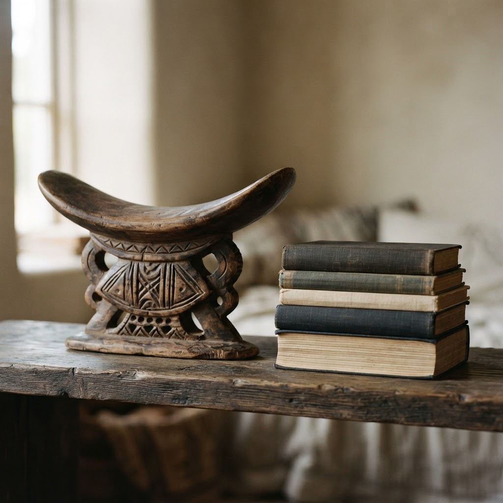 Carved wooden headrest with a curved top displayed on a shelf beside old books