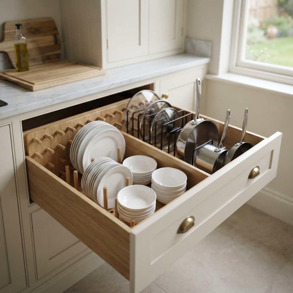 Deep kitchen drawer with a wooden pegboard organiser holding stacks of white plates and bowls, with pan lids and pans stored upright in a rack, in a cream kitchen