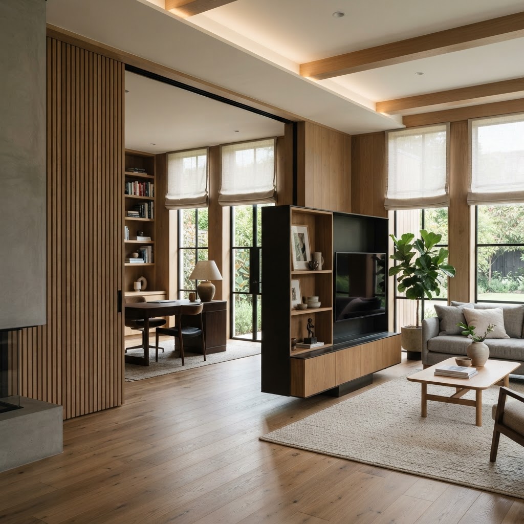 Modern open-plan home with a large slatted timber sliding wall half open between the living room and a study, linen blinds at tall windows and a rotating shelving and TV unit