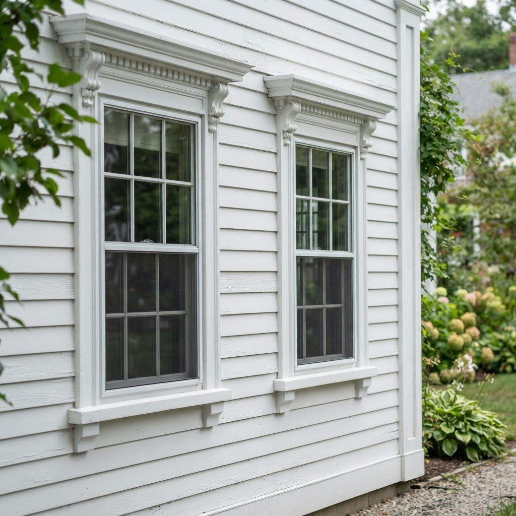 White clapboard house with wide window trim and decorative crown moulding headers