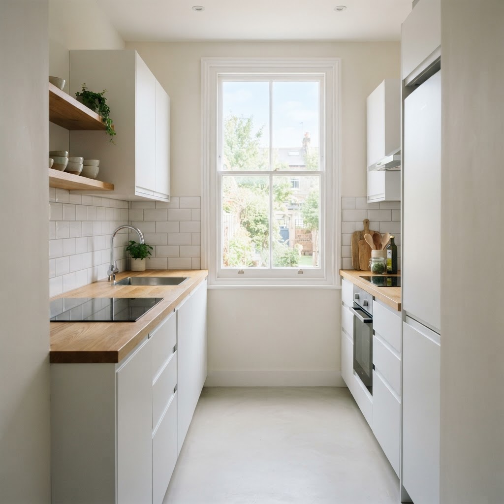 A small bright galley kitchen in a flat with white matt handleless slab doors, a solid oak worktop, white metro tiles, open shelves and a sash window at the end