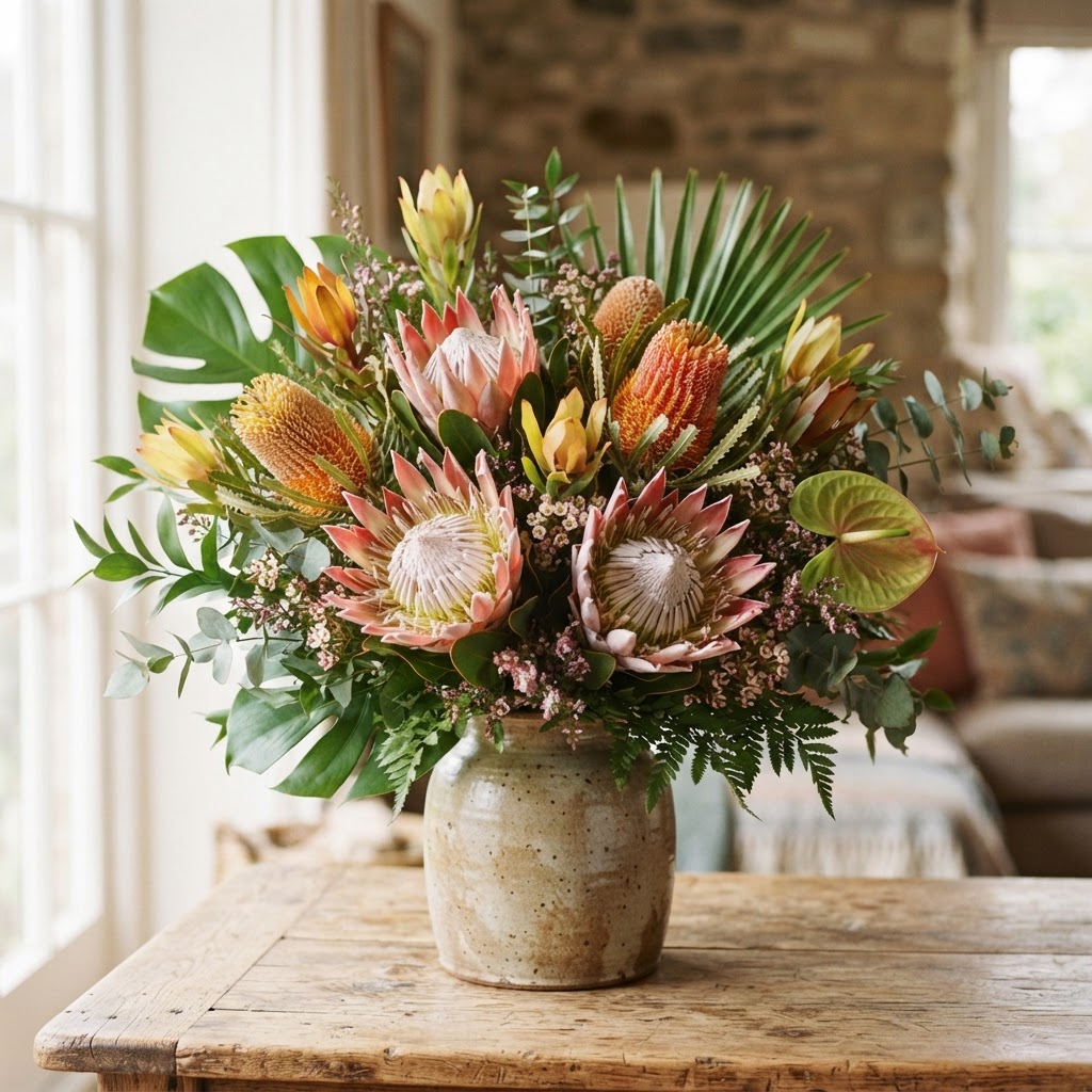 Festive arrangement of king proteas, banksias and tropical leaves in a stoneware vase