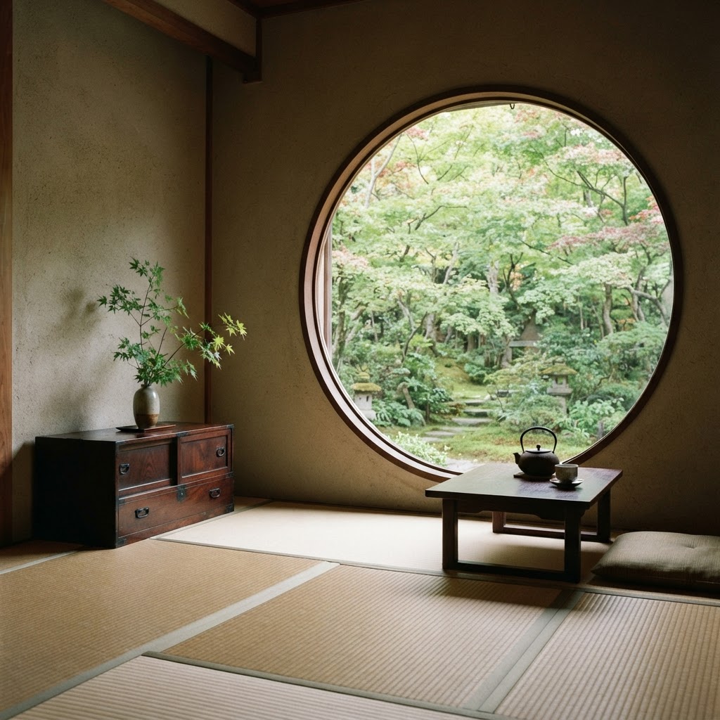 Circular moon window in a Japanese-style room looking onto a leafy garden