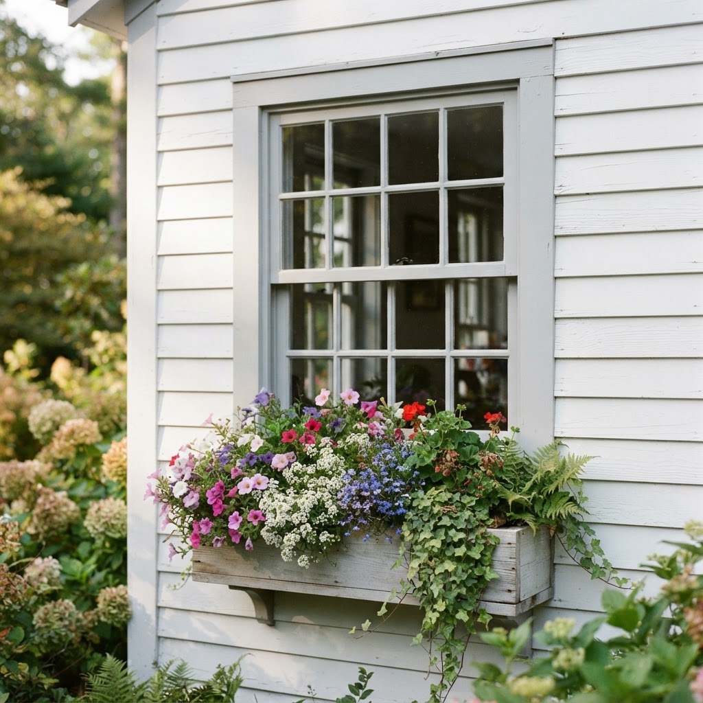 Close-up of a window on a white clapboard house with light gray painted window trim and sill and a window box overflowing with pink, white and purple flowers and trailing ivy