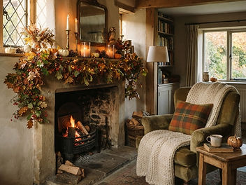 Cosy living room decorated for autumn with a fireplace mantel garland of autumn leaves and berries, small pumpkins, pinecones and candles, and a chunky knit throw on an armchair