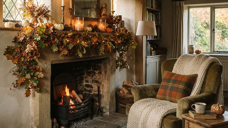 Cosy living room decorated for autumn with a fireplace mantel garland of autumn leaves and berries, small pumpkins, pinecones and candles, and a chunky knit throw on an armchair