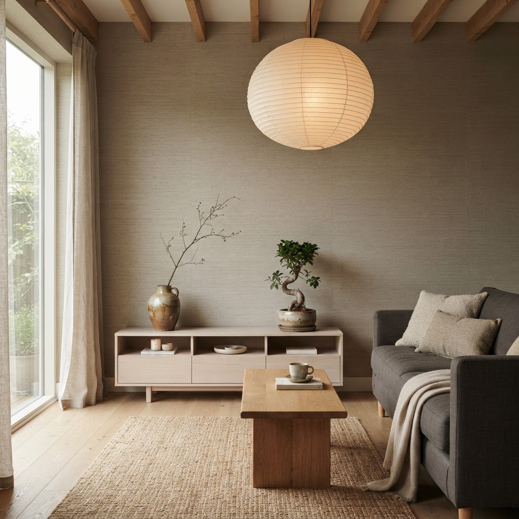 Minimalist Japandi-style living room with warm greige textured grasscloth-effect wallpaper, a low oak media unit, a charcoal linen sofa, a paper lantern pendant and a sculptural plant