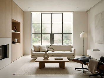 Clean, uncluttered minimalist living room with a cream sofa, low wooden coffee table and soft daylight from a large steel-framed window