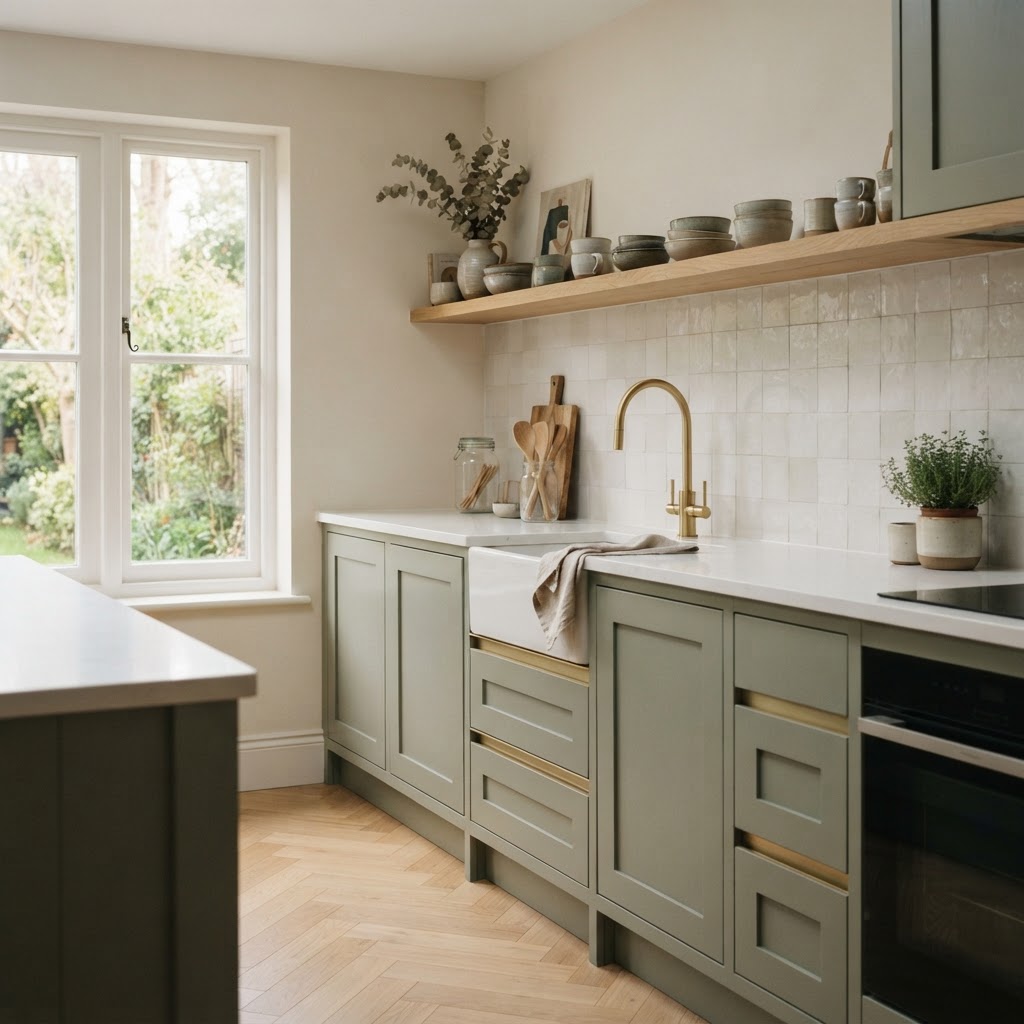 A handleless shaker-style kitchen with sage green shaker frame doors and slim integrated finger rails, a white quartz worktop, a brass tap, a white tiled splashback and an oak open shelf with ceramics
