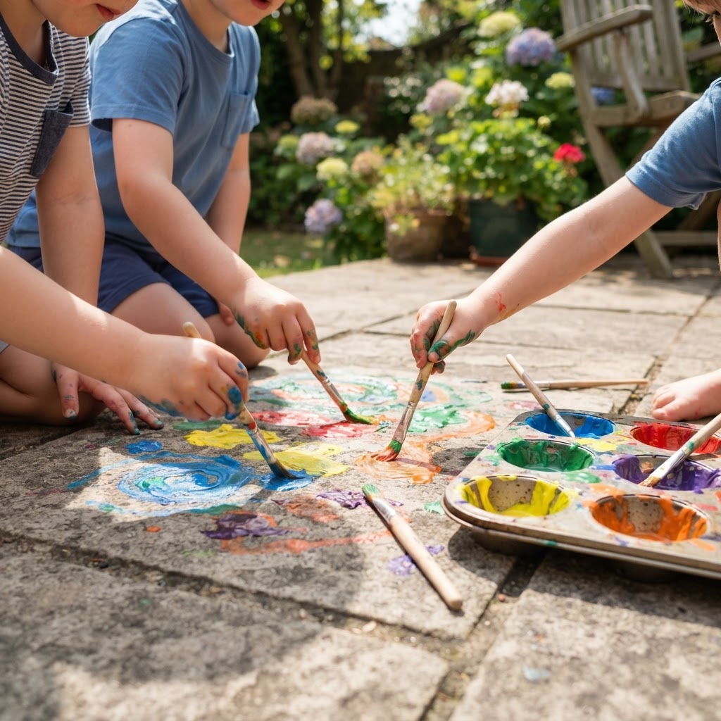 Children painting a garden patio with colourful washable sidewalk chalk paint from a muffin tin