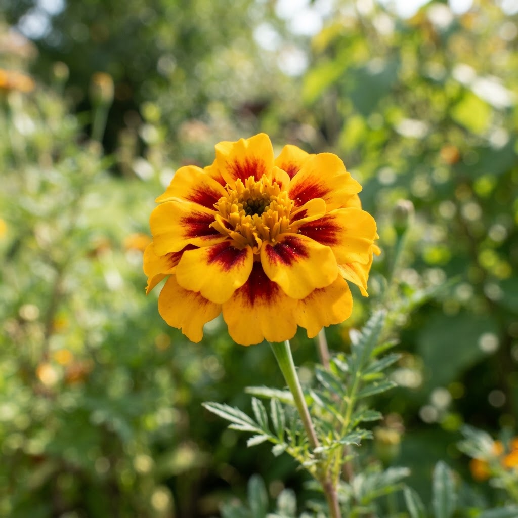 Close-up of single golden yellow French marigold flowers with maroon blotches at the base of each petal