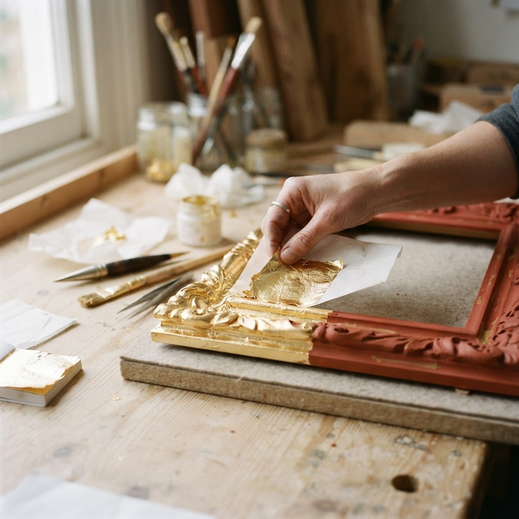 DURING: a hand laying a sheet of thin gold leaf from its tissue onto the tacky carved frame, with half the frame already covered in crinkled gold leaf and the rest still showing the red base coat
