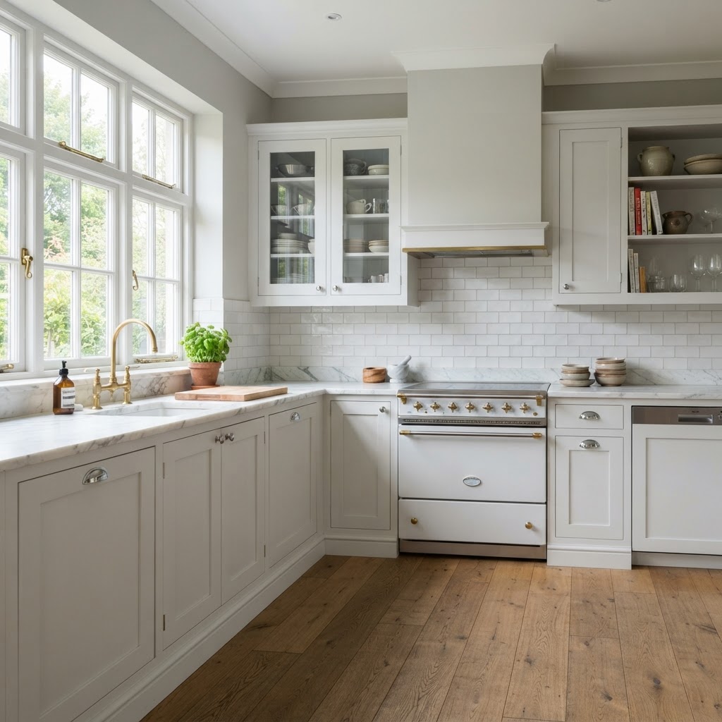 Kitchen with pale grey walls, white shaker cabinets and a marble worktop