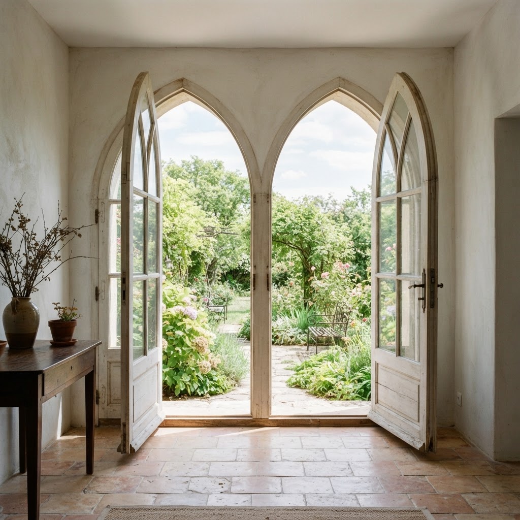 Pair of pointed-arch glazed doors opening onto a green garden