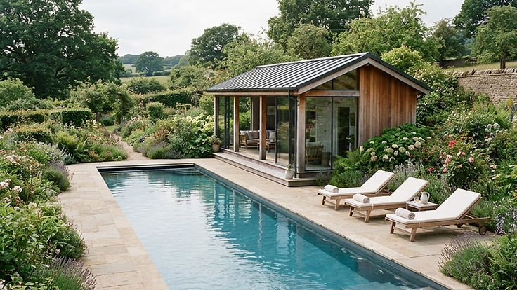 Timber and glass pool house beside a long swimming pool in a lush English country garden with loungers on a stone terrace