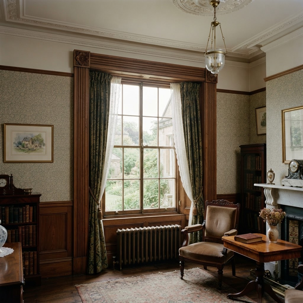 Victorian window with dark wood fluted trim and carved corner rosettes in a period room