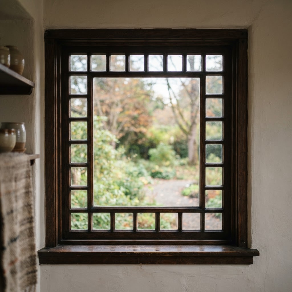 Wooden window with a Prairie-style grid of small border panes around a large central pane