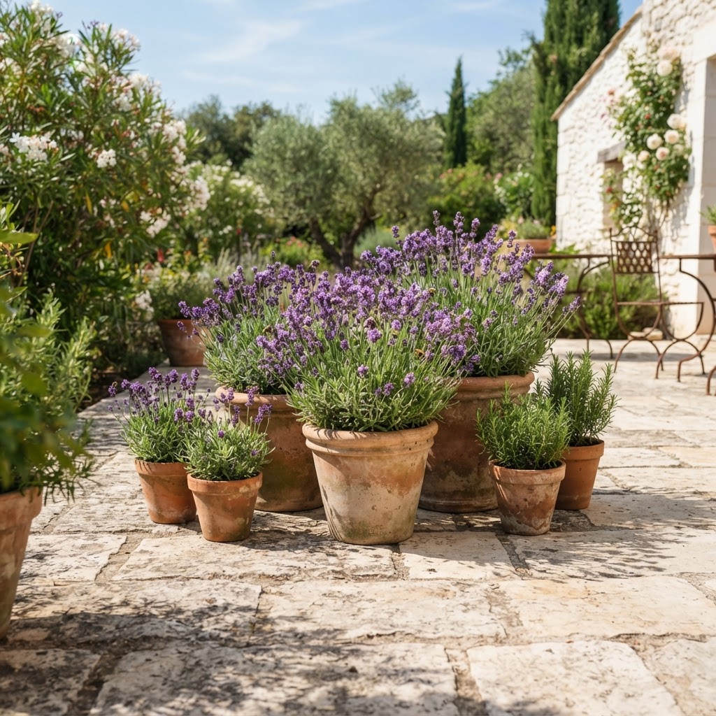Lavender plants in terracotta pots on a sunny stone patio