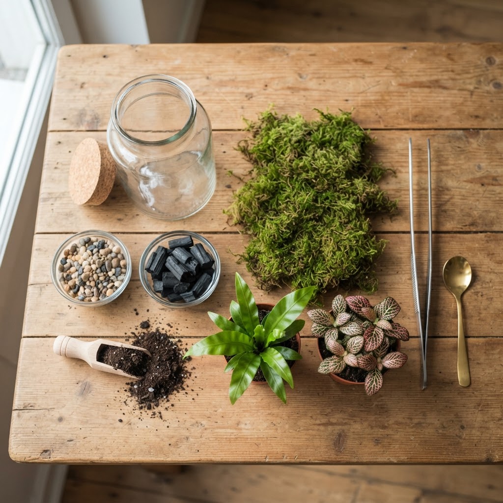 Flat lay of terrarium making materials on a wooden table: an empty glass jar, pebbles, charcoal, potting mix, sheet moss, small potted plants, long tweezers and a spoon