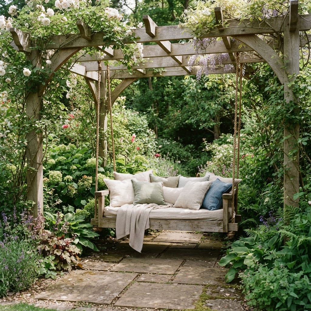 Hanging swing seat with cushions under a wooden pergola