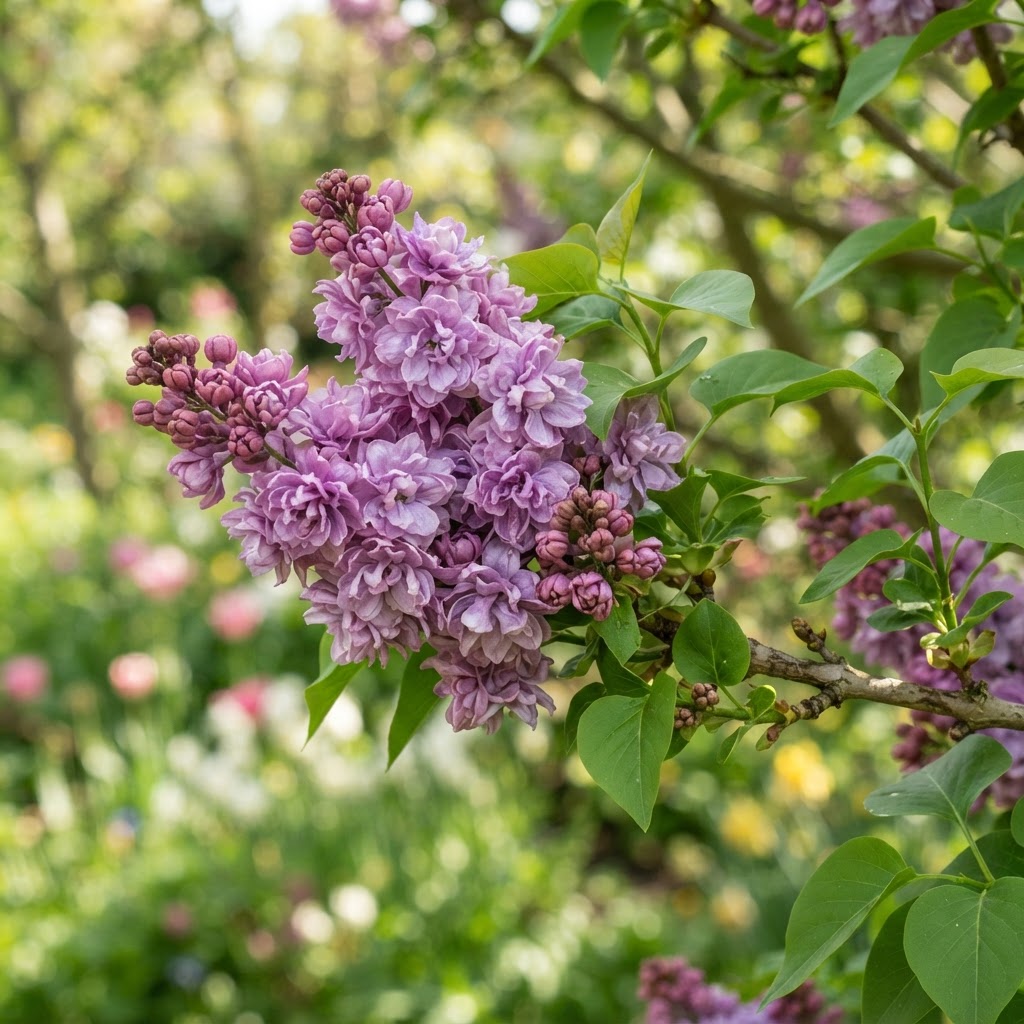 Close-up of double lavender pink lilac flowers on a spring branch